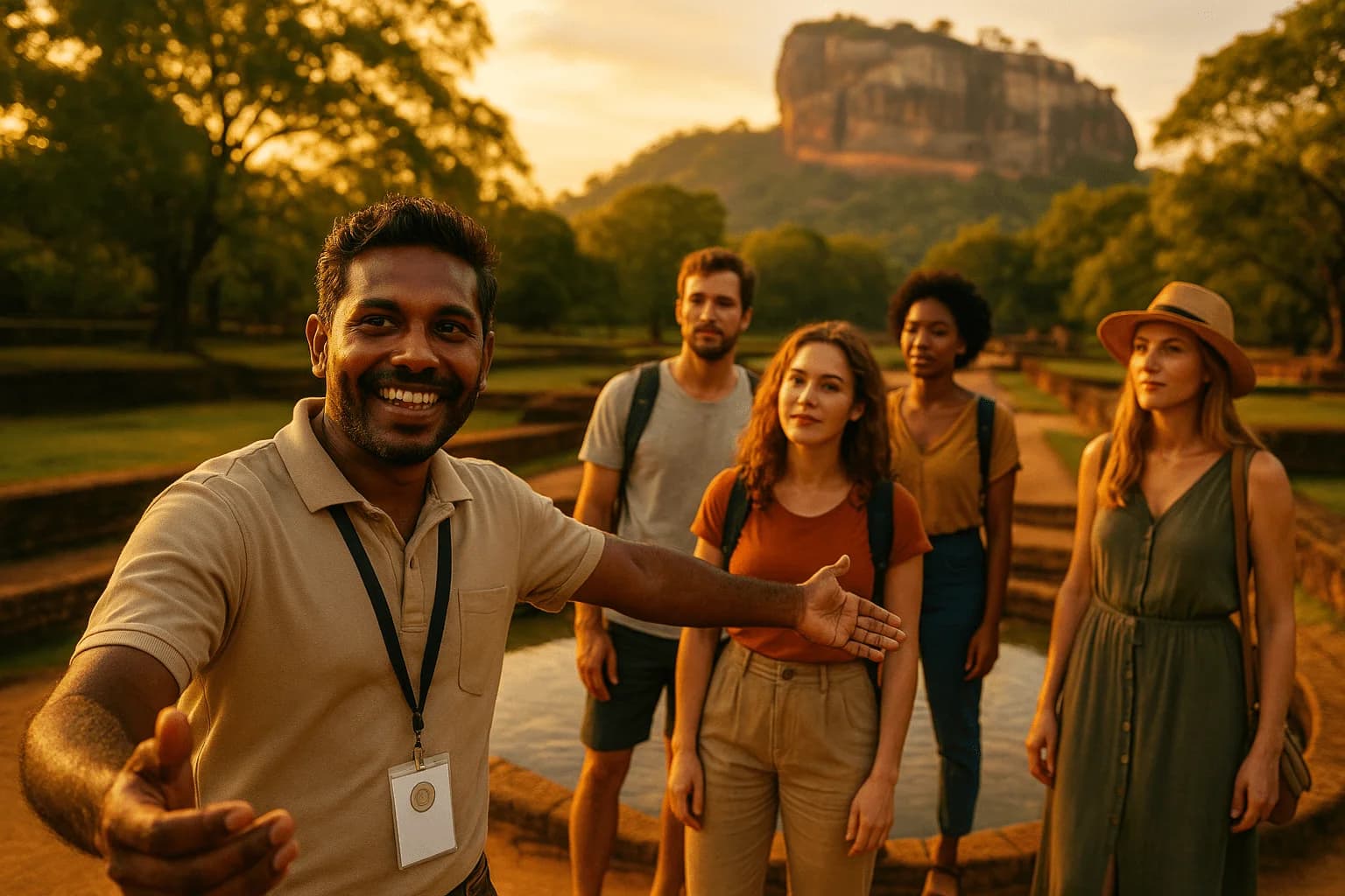 A local guide welcoming travelers in the water gardens below Sigiriya rock at sunset